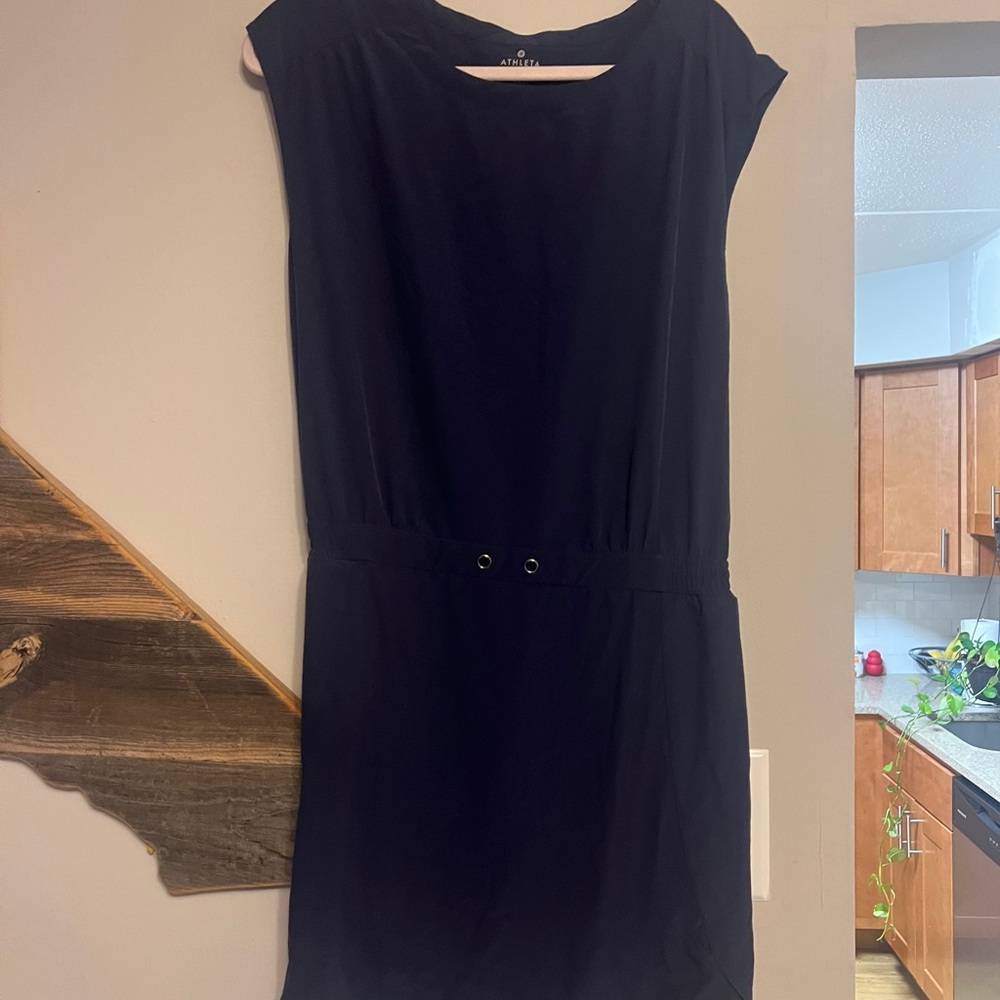 Athleta Black Cap-Sleeve Midi Dress with Drawstring Waist